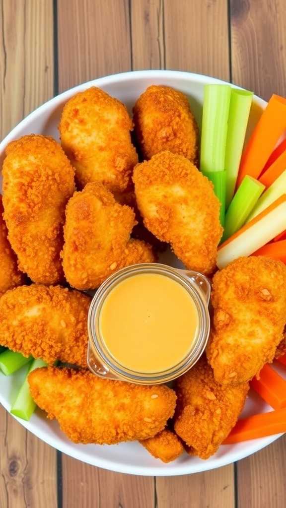 Crispy air fryer chicken tenders served with honey mustard sauce and fresh vegetable sticks on a rustic table.